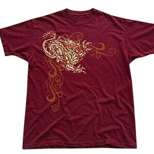 Gildan Graphic T-Shirt Unisex Small Maroon Excellent Golden Dragon Mythical Tee
